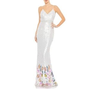 Mac Duggal V-Neck Embellished Sequin Gown W/Waist Detail & Multicolor Floral Hem